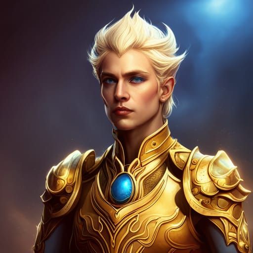 Portrait of a muscular sun elf in gold and blue armor that wields the ...