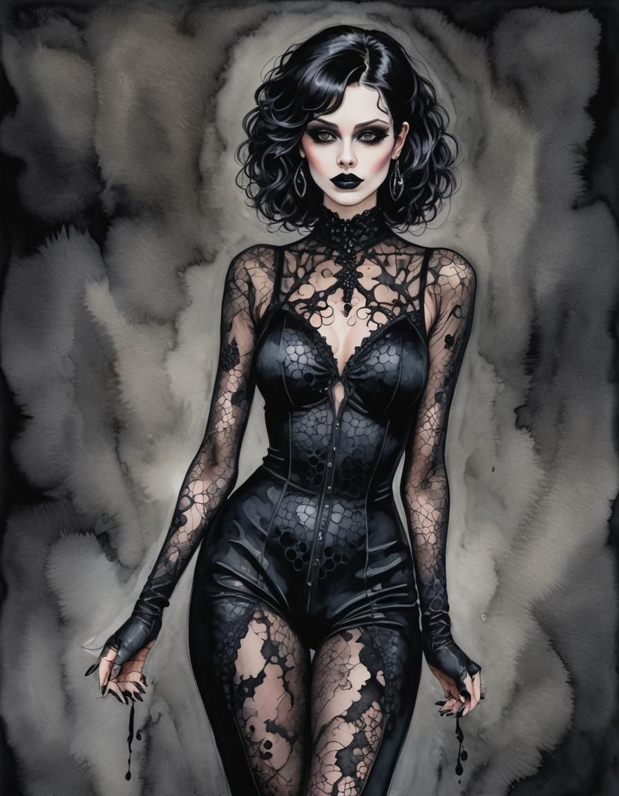 Goth Retro Pinup Model in Watercolor Alcohol Ink Style