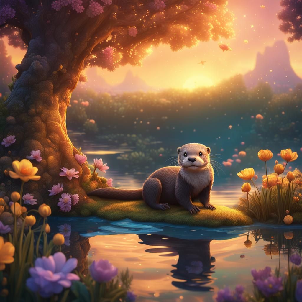 Adorable Otter in Whimsical Sunset Lake