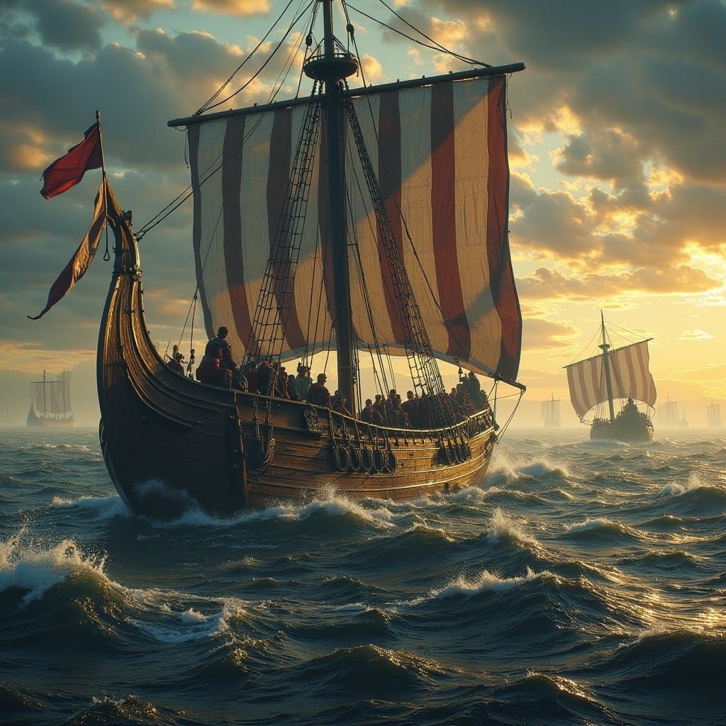  <lora:MJ6 CinematicFlux:1.0> An epic scene of a Viking longship sailing into battle