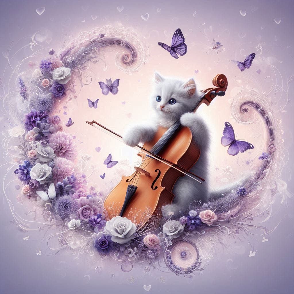 White cat playing cello