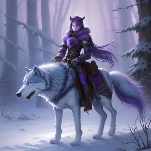 purple hair warrior women with wolf pet winter forest