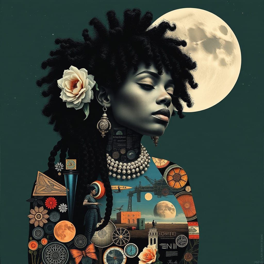 New Moon, Knolling and Organization,
 Afro-Futurist, woman, Vibrant, Collage, Yonatan Frimer, Jeremy ...  by @BunnyBear 