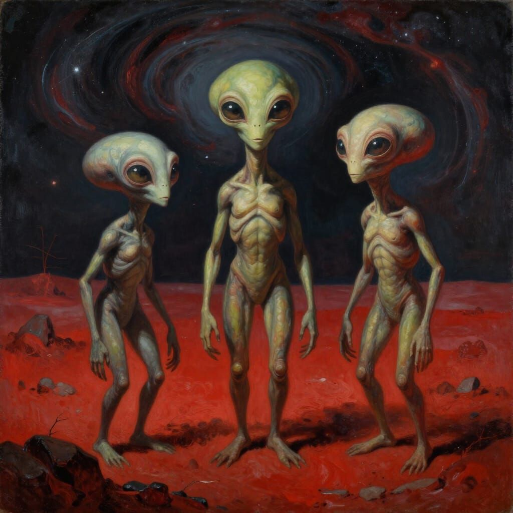 Surreal Alien Exploration of Crimson Landscape