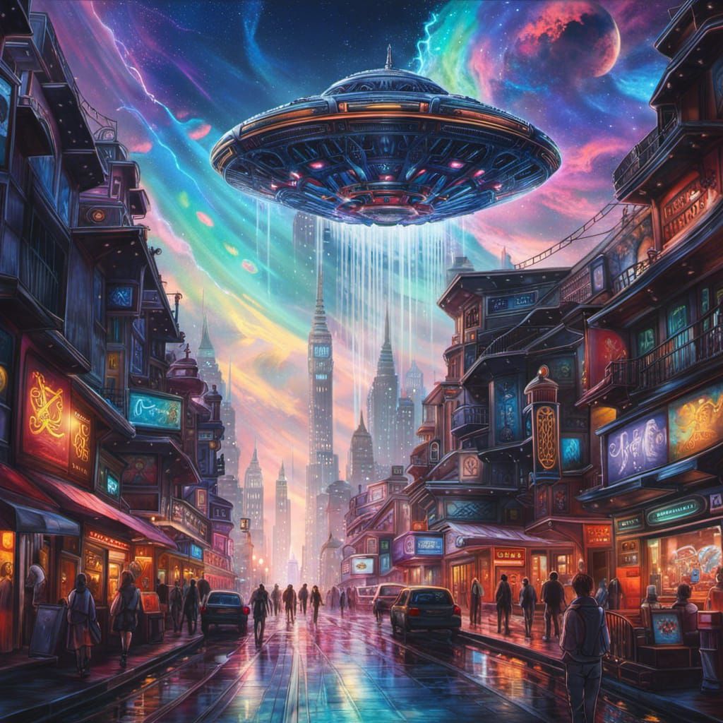 extremely-ornate-alien-space-ship-with-abduction-ray-over-city | bubbly-cosmic-BACKGROUND | anime | Manga ...  by @EnjoyJoey