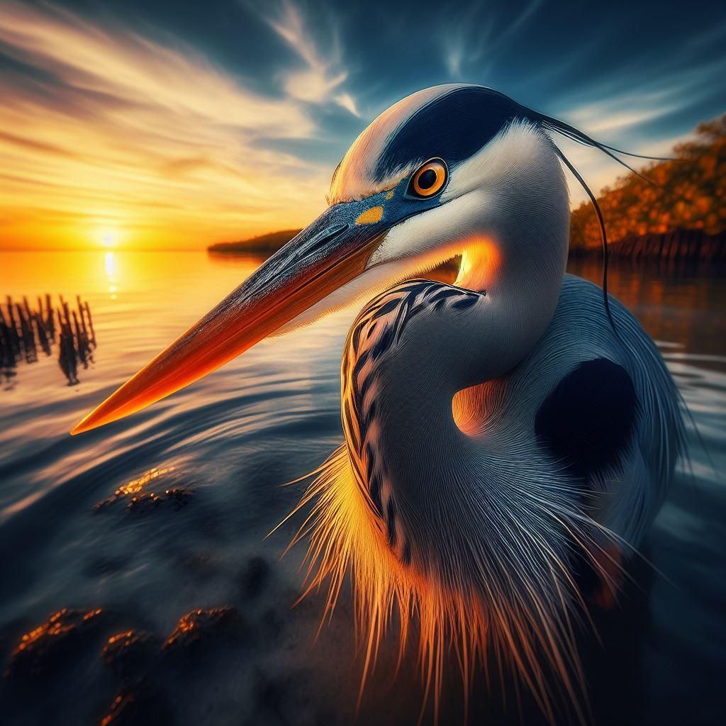 Great Blue Heron, mangroves at sunset