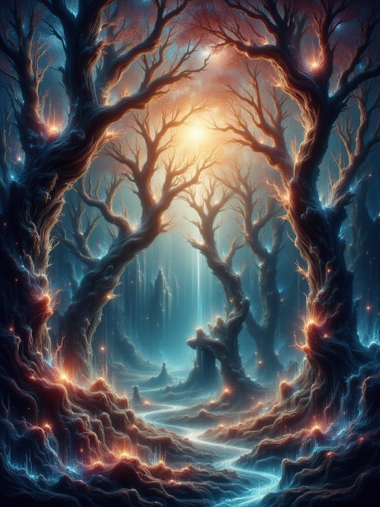 <lora:Ethereal Magic Flux:1.0> <lora:-Omnious-:1.0> Imagine a colossal, bioluminescent forest of fractal trees, their branches reaching towa...