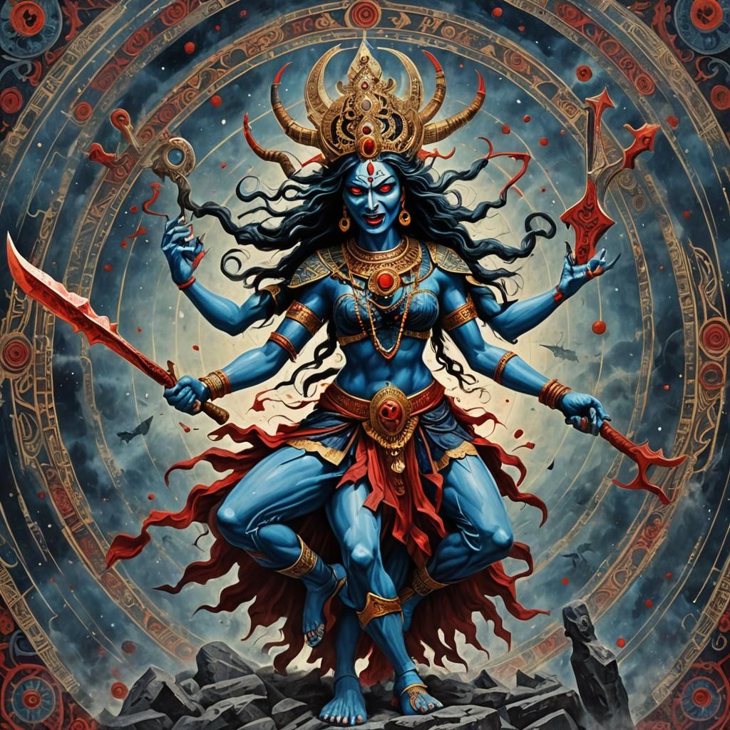 Cosmic creepy Scary Angry dance, blue skinned Hindu Kali God...