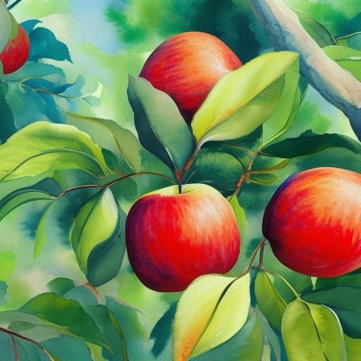 Red Apples in trees in landscape in Gouache Style, Watercolor, Museum ...