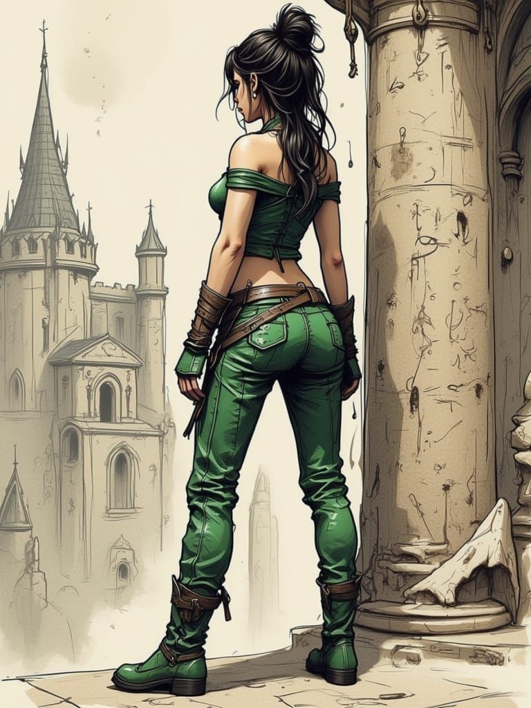 <lora:SketchyV3:1.0> popart, captivating graphic novel masterpiece cinematic badass graphic art style full fantasy portrait view from behind...