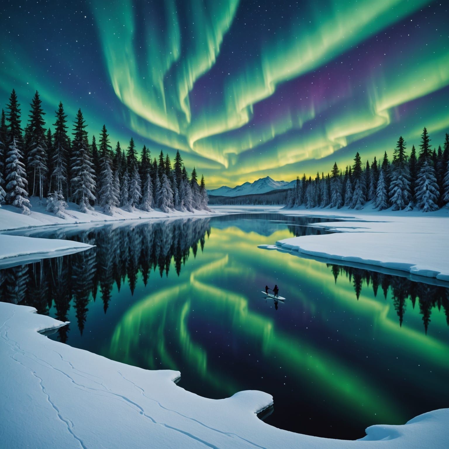 A frozen lake reflecting the shimmering Northern Lights  by @Kallistratia