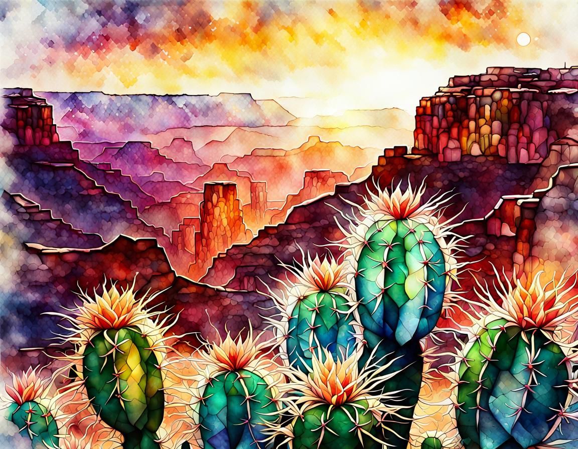 Stained glass Flowering cactus, Great canyon , sunset, watercolor, splash art effect, Magical luminescent ...  by @Sparkfire