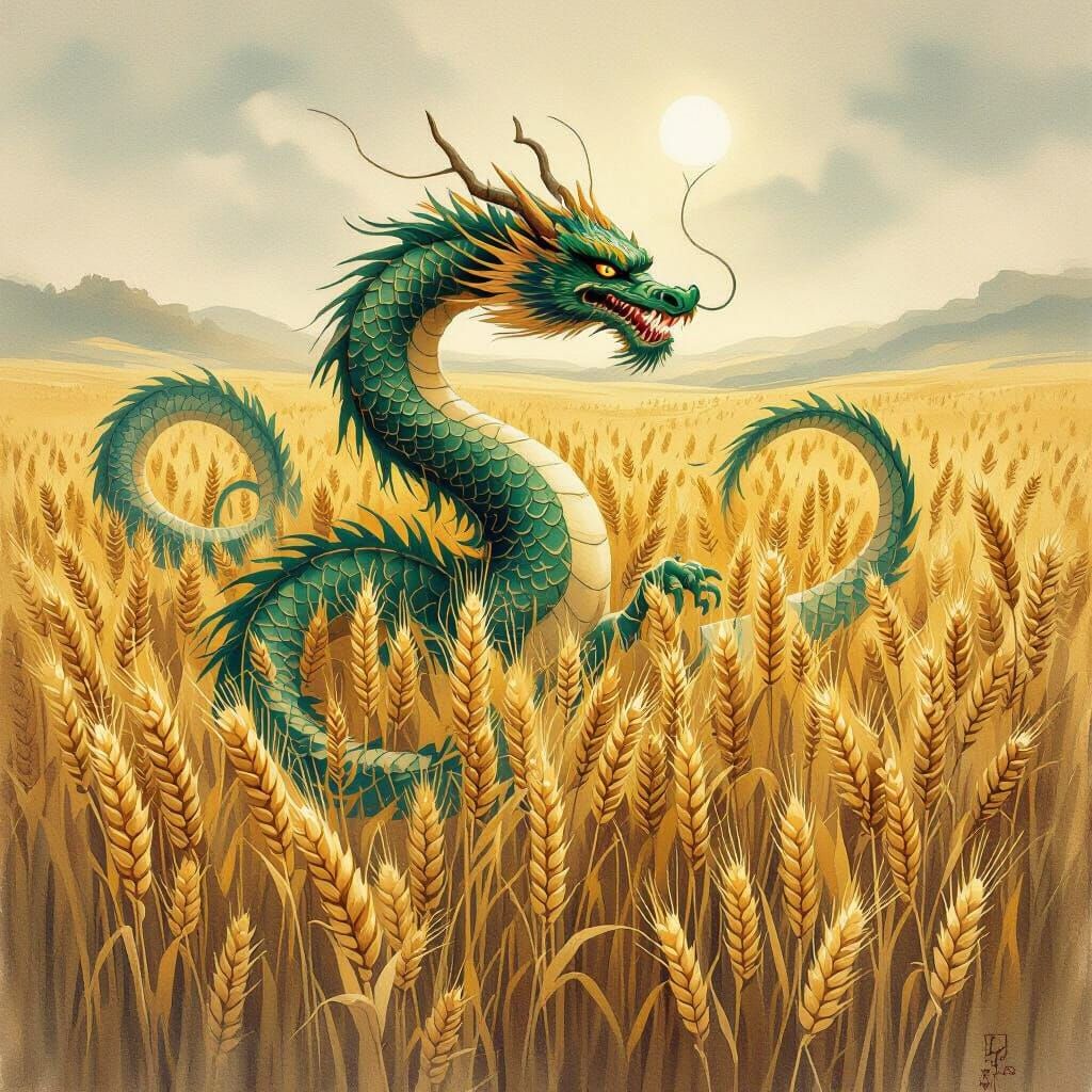 Majestic Dragon Soars Through Golden Wheat Fields