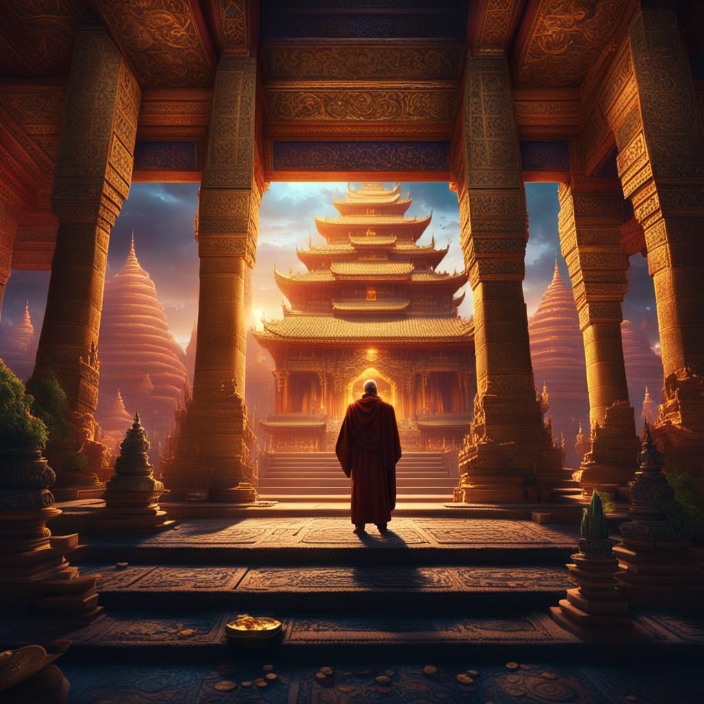 Ornate Temple Scene with Monk and King