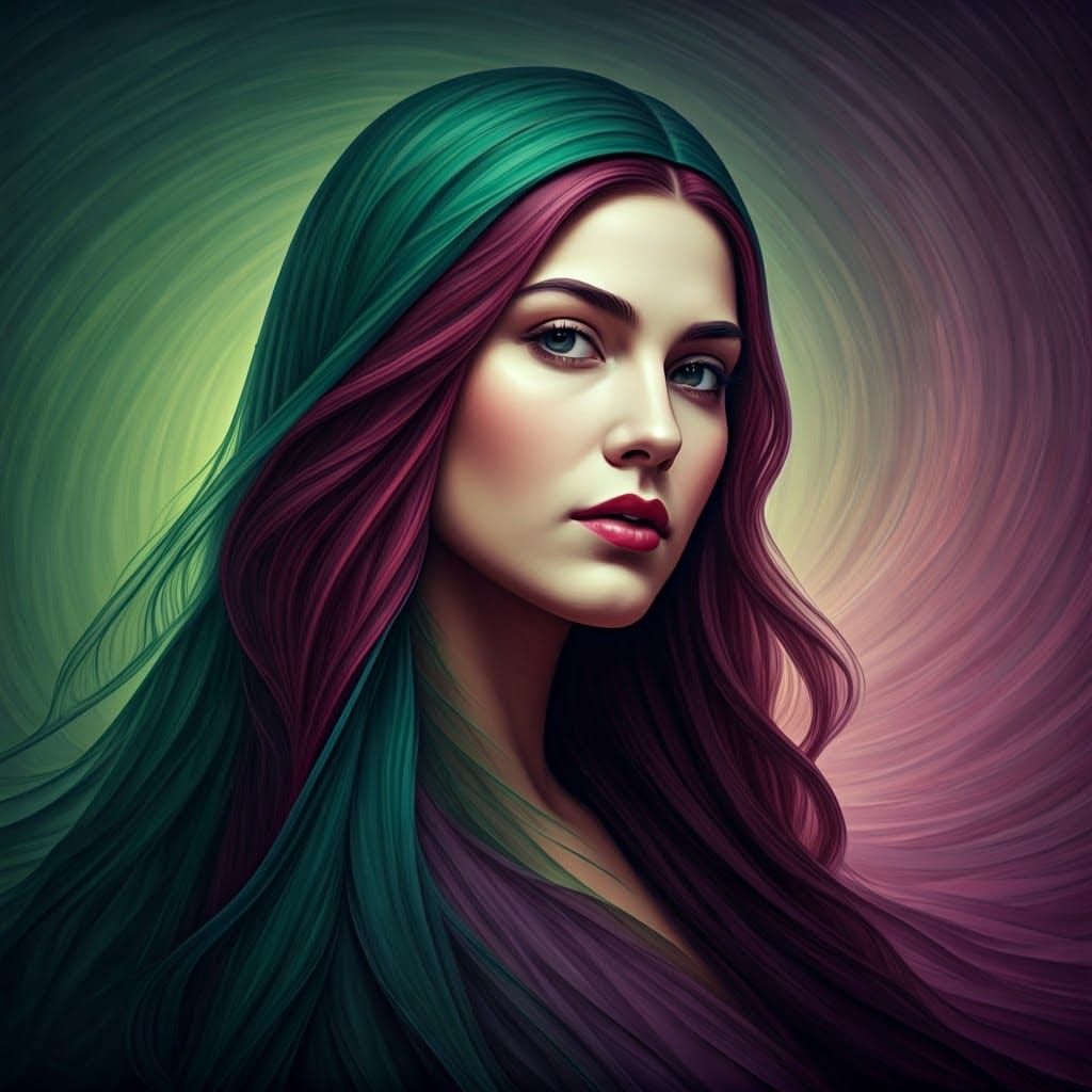 Green and purple, captivating , inviting face, elegance , charm