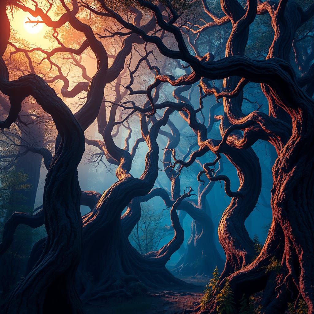 Surreal Forest of Ancient Trees in Golden Light