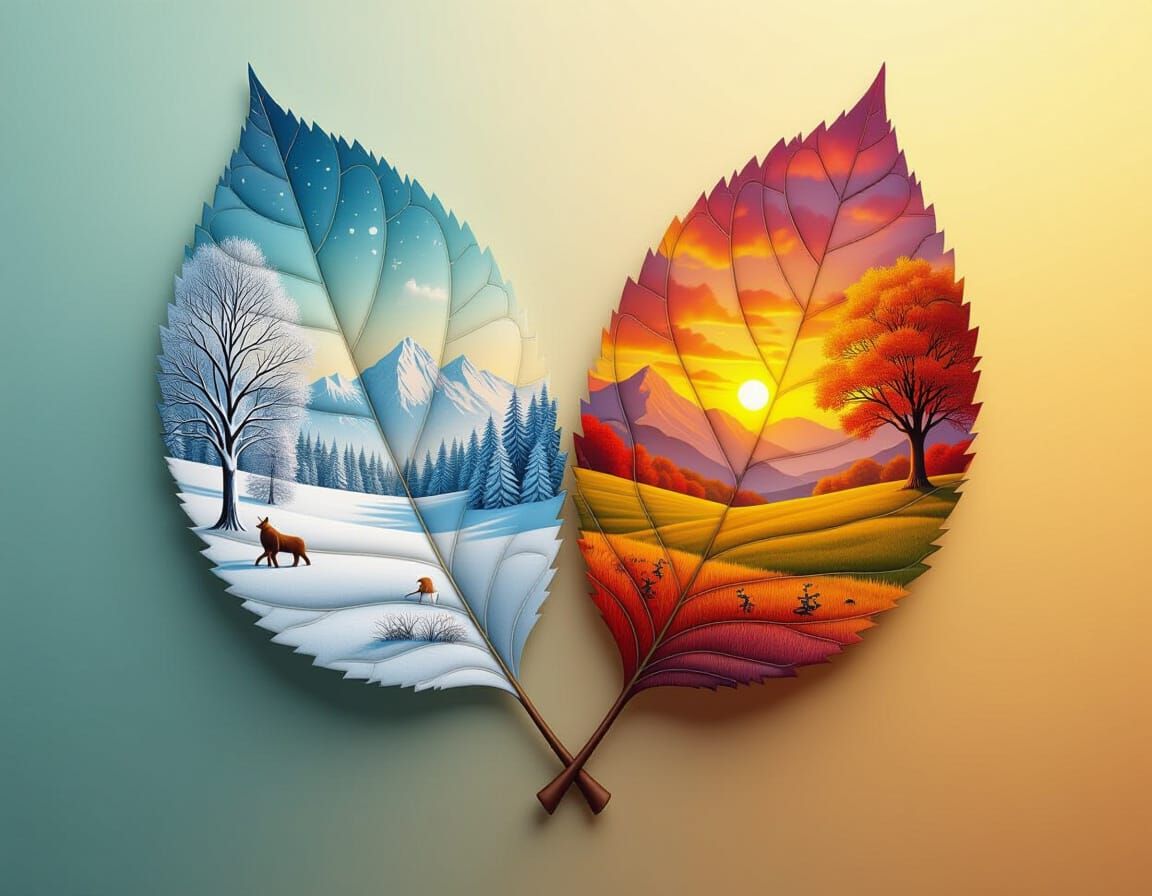 A large, beautiful autumn tree, with different landscapes painted on the leaves: autumn and winter. There are two oak leaves in the foregrou... - Start Image 1