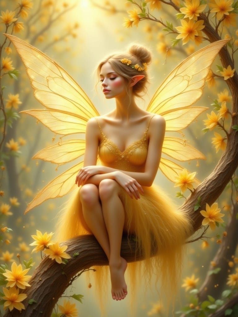 Ethereal Fairy on Mimosa Branch in Luminous Oil Painting Sty...