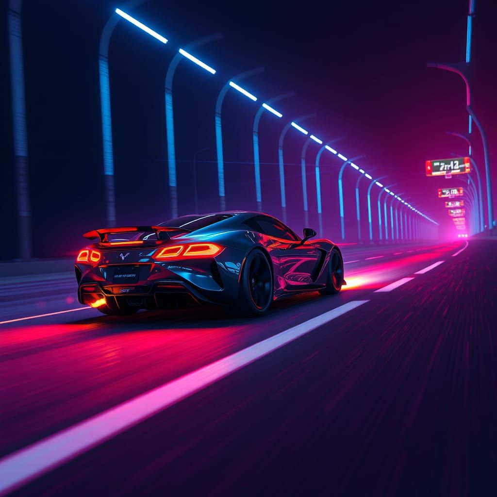 Futuristic Sports Car Speeds Down Neon Highway