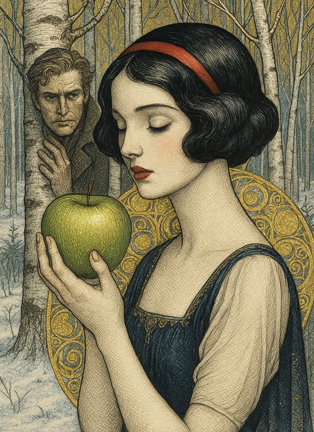 Snow White, green apple, and a stalker in the birch tree for...