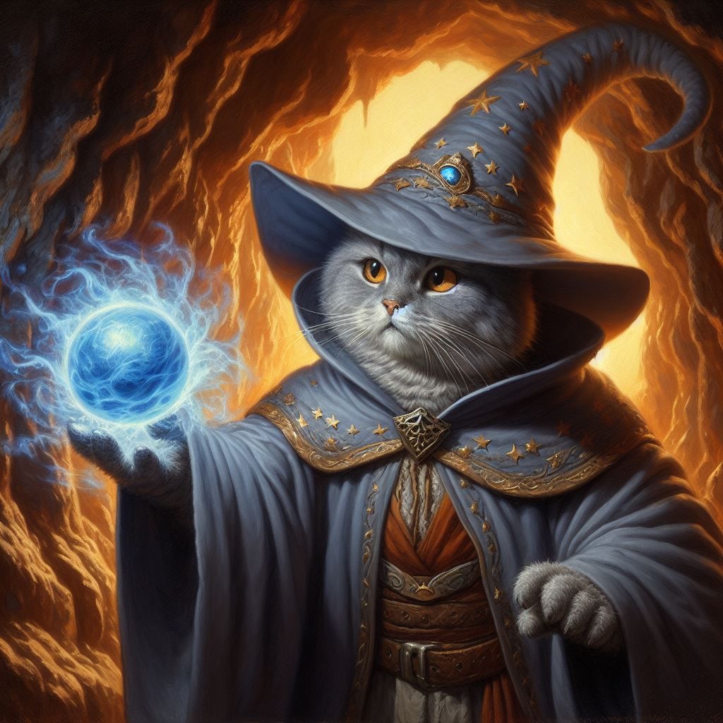 Fuzzball the Rotund casting Magic Missile at the darkness.