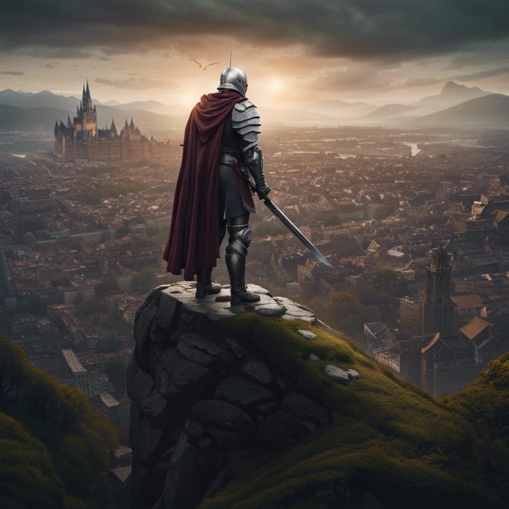 Medieval knight, standing on top of a hill, overlooking a mo...