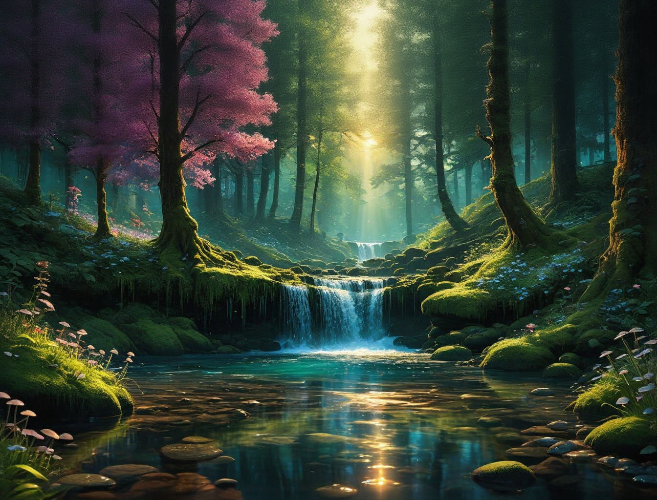 in a relaxing forest during sunset, a relaxing waterfall falls into a serent spring stream, with little ...  by @Kindly Offer