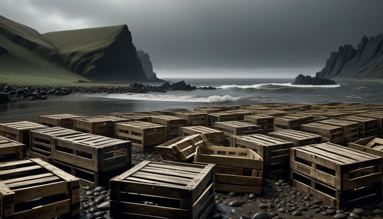 photo; "waterlogged crates  washed up on shore"; by photogra...