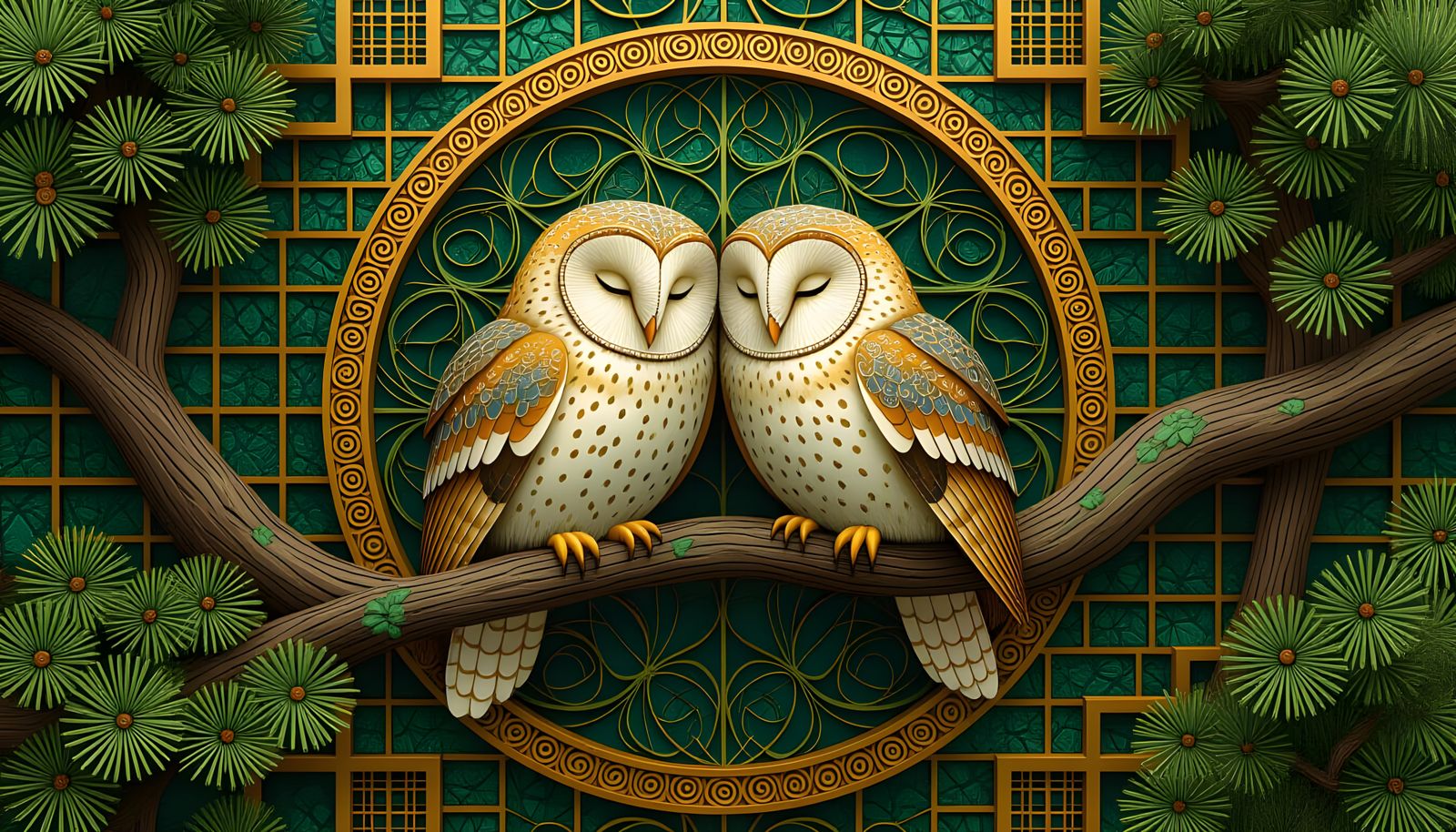 Art Nouveau, Art Deco, detailed Fibonacci  mc escher 3D textured layers, owls sleeping on a pine branch, ...  by @tsahel
