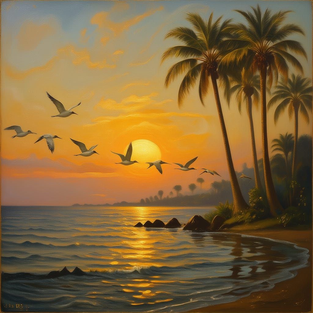 Golden Bird Flock at Sunrise Over Sea in Impressionist Style