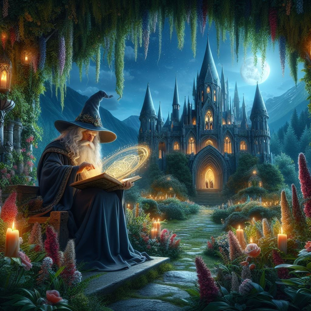 A wizard reading a book of magic (fantasy landscape)