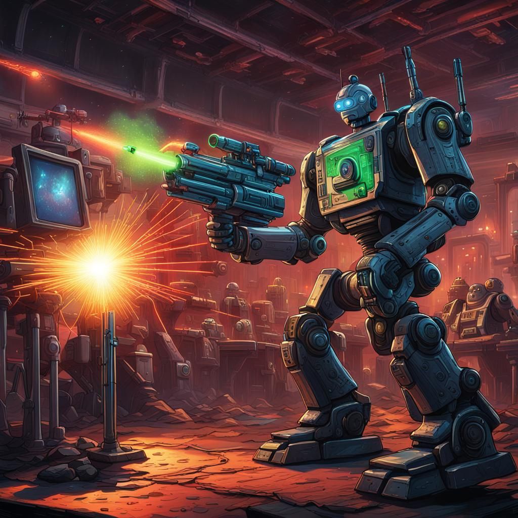 Ad Infinitum scene of robots firing a laser gun at a robot o...