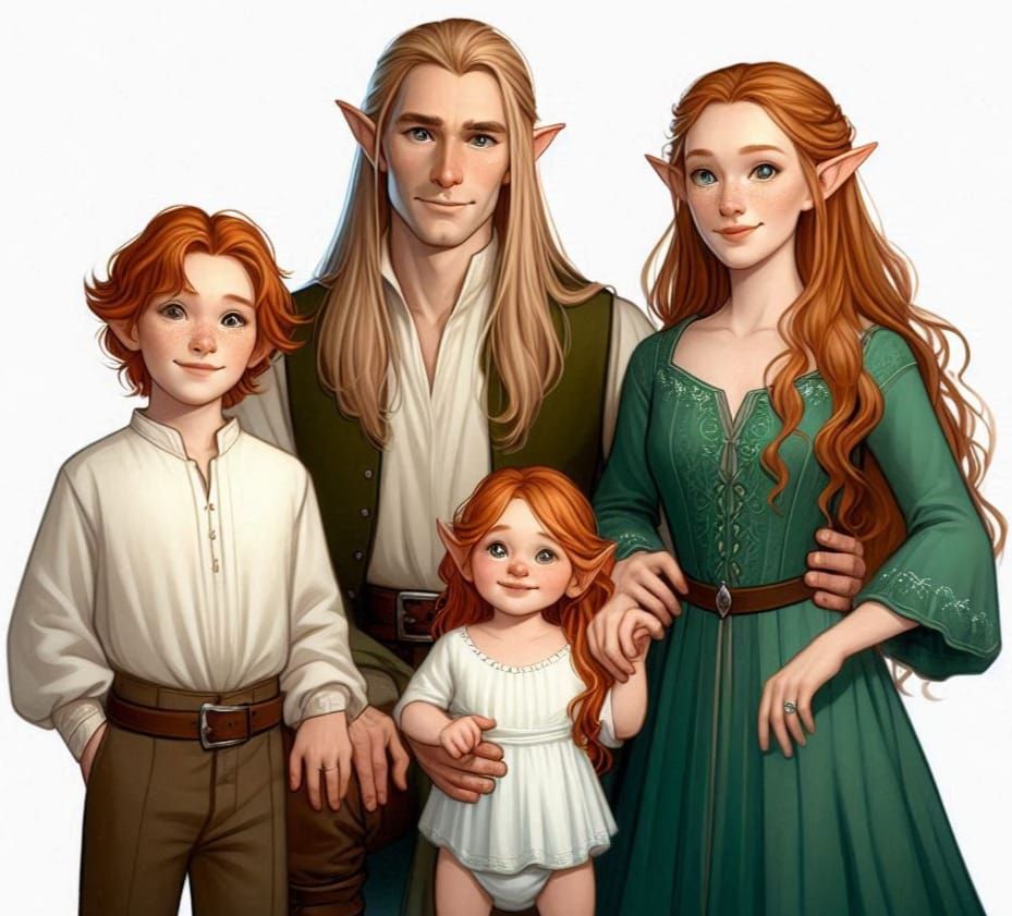 Elven Family Portrait: Mother, father, 5-year-old son, toddler daughter