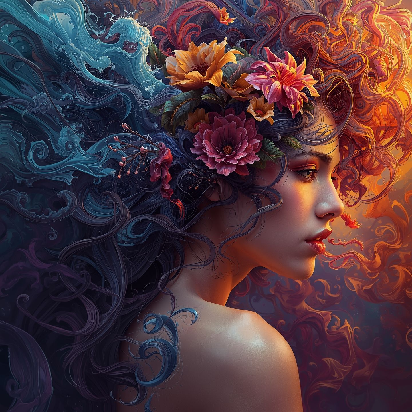 A striking portrait of a woman with wild, flowing curls ador...