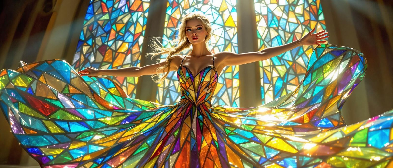 a beautiful woman with sparkling blue eyes, freckles and a long blond braid wearing a stunning colourful ...  by @Summerchild