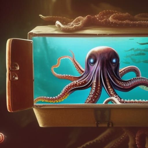 Realistic octopus crawling out of a box on the ocean floor