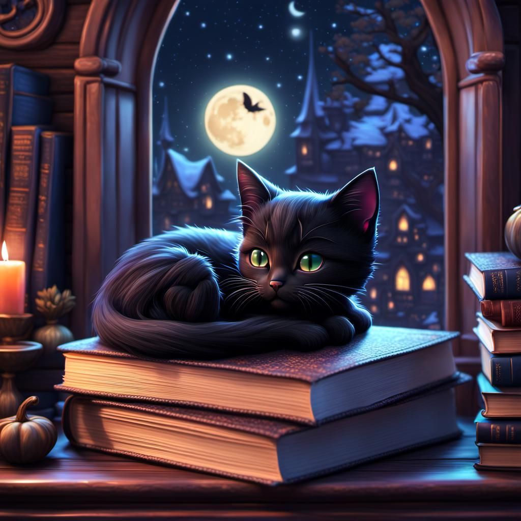 Witches Kitty Resting on books
