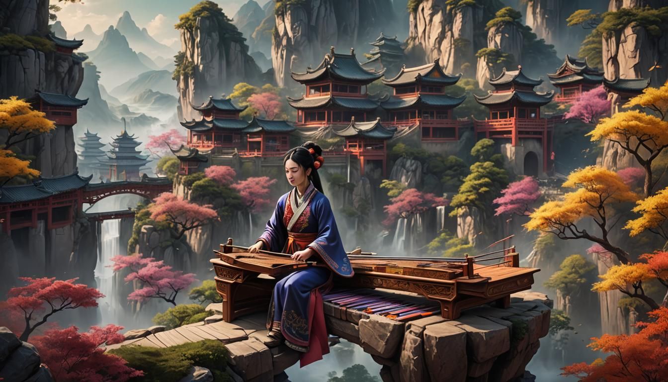 a beautiful colorful china  panaromic view landscape. a fema...
