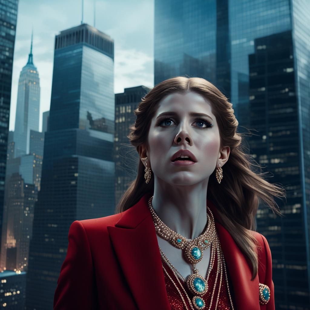 Anna Kendrick wearing jewellery, a red suit with a plunging ...
