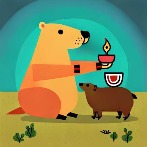 "Create an image featuring a deity Capybara and a cultist worshiping it. The Capybara should be depicted as a divine bei...