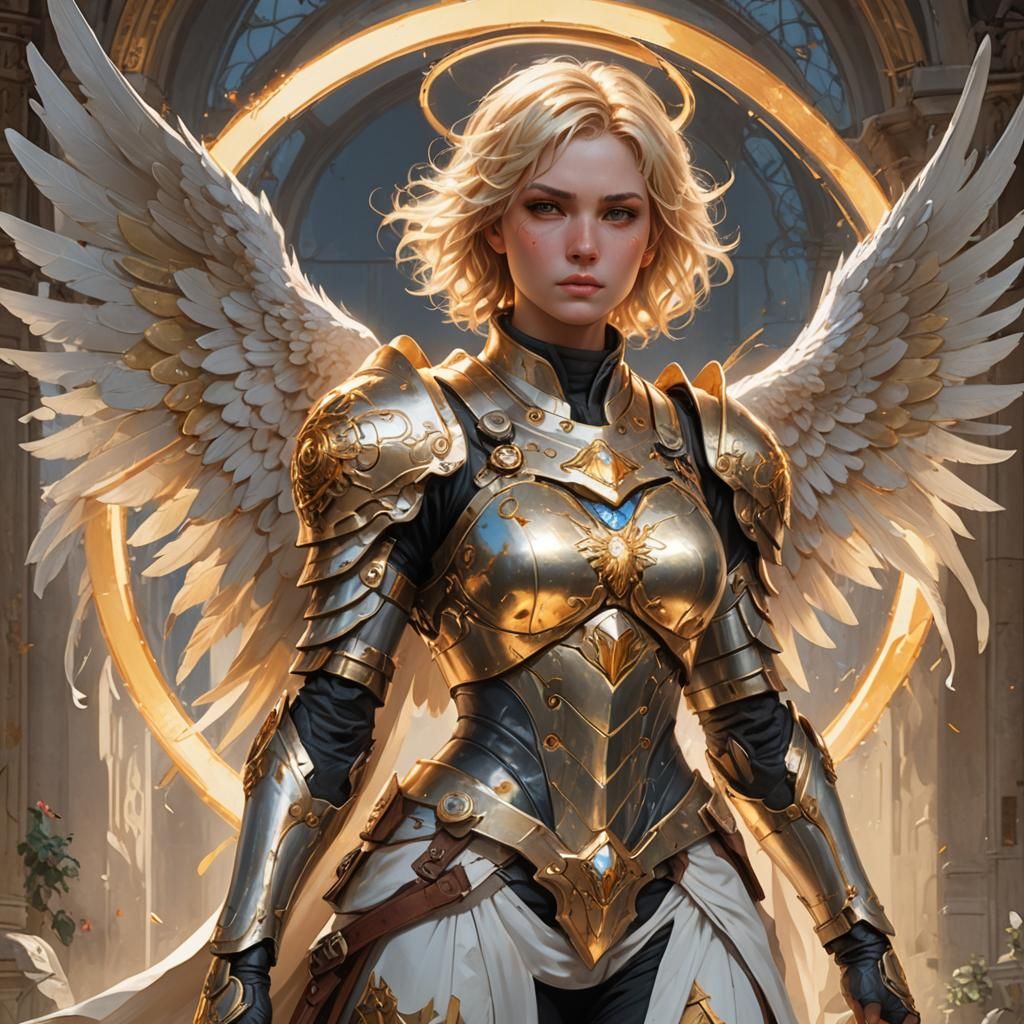 fullbody portrait of an angel woman with blond short shaggy hair ...