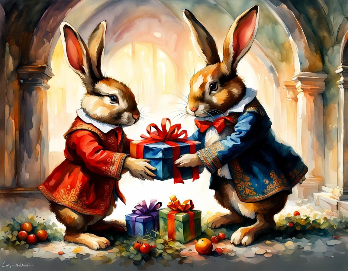 rabbits exchanging gifts  by @Quelod