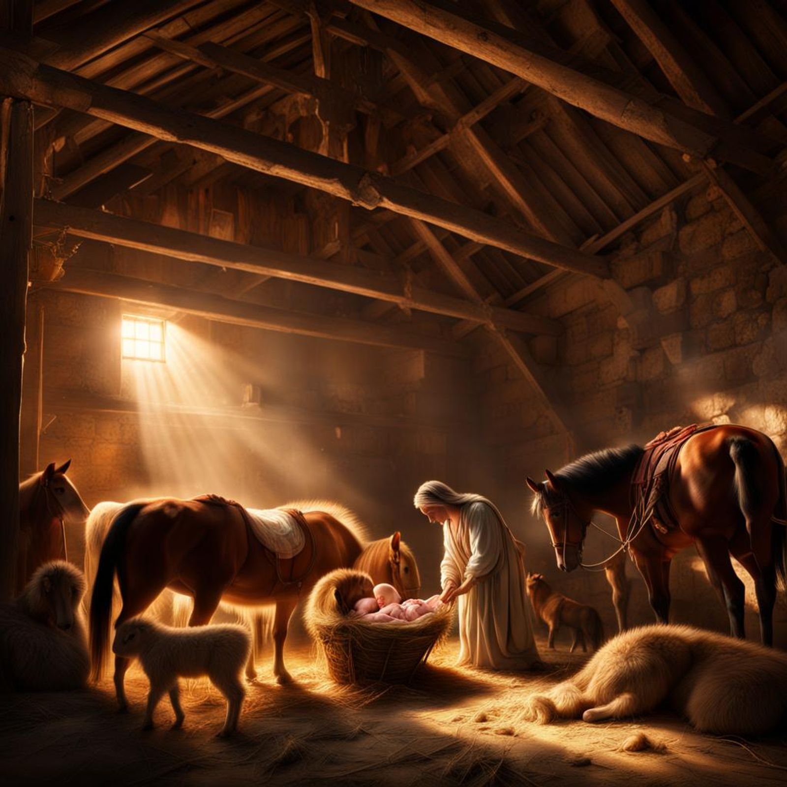 Barn animals in an ancient Hebrew stable bowing around a manger with an ...