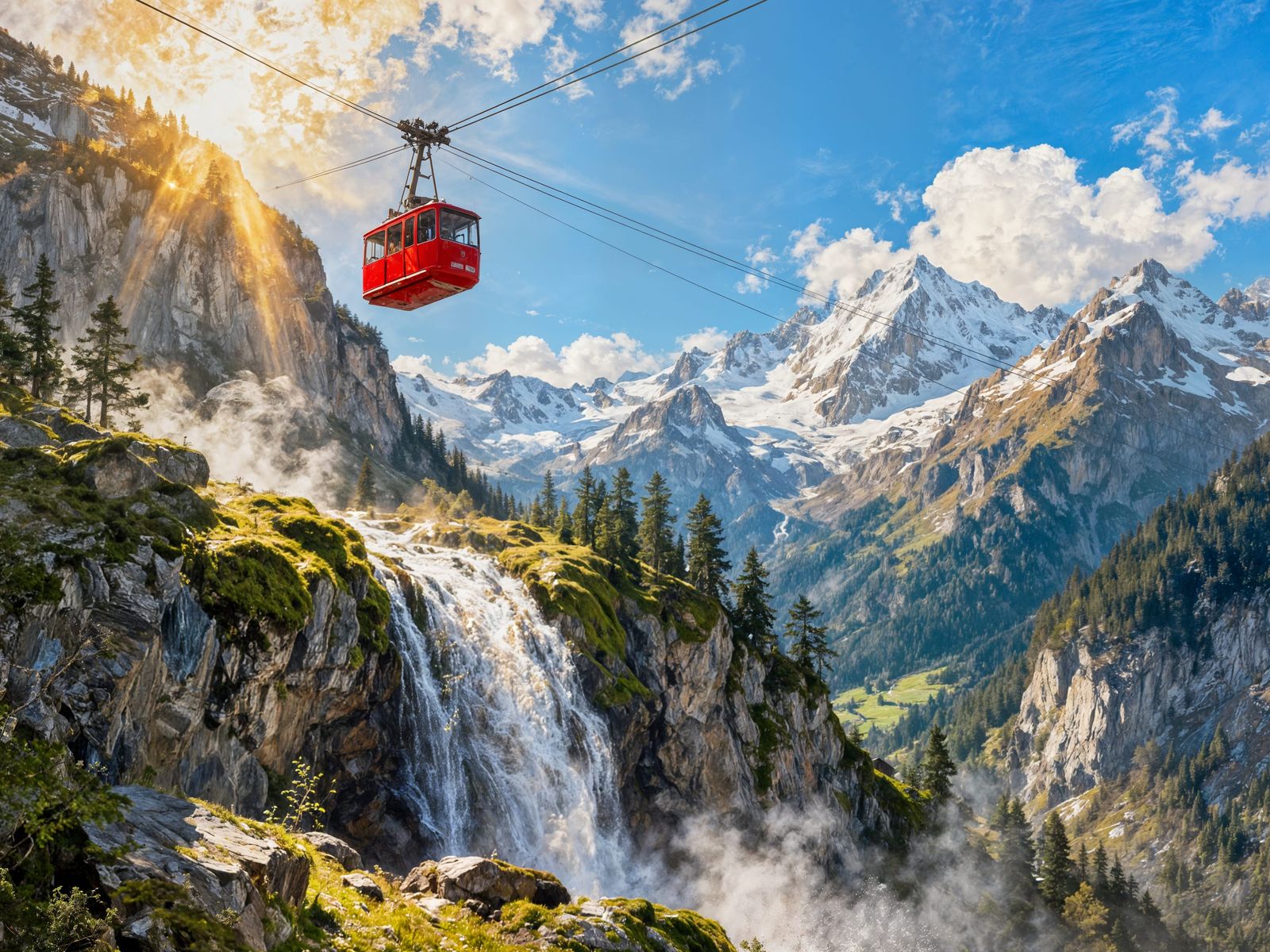 A bright sunny day in the Swiss Alps, where a cheerful red cable car drifts gracefully above steep cliffs. ...  by @FluffWuff