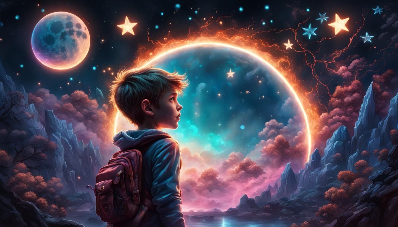 Magical kid (piece cut out 1.7), neon moon and stars, bioluminescent light particles flying around, detailed ...  by @ItisPeter