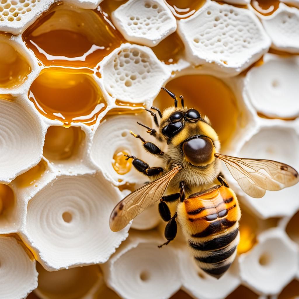 Honey bee making honey diligently,  detailed hive, honey dripping from hive
  by @galaxynothingness