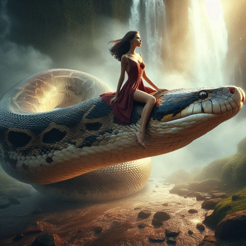 Girl riding an anaconda