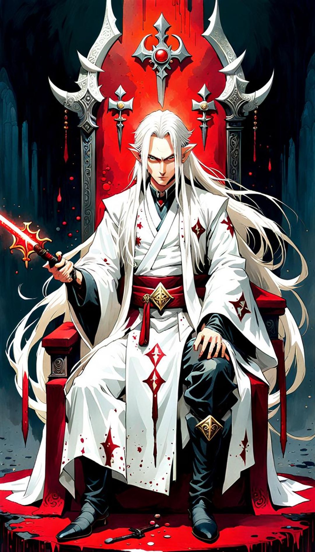 Elric of Melnibone with his rune Sword, White Kimono, seated on a ruby ...