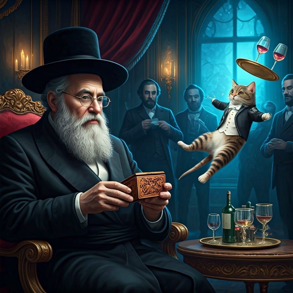 Dignified Rabbi Surprised by Whimsical Salon Scene