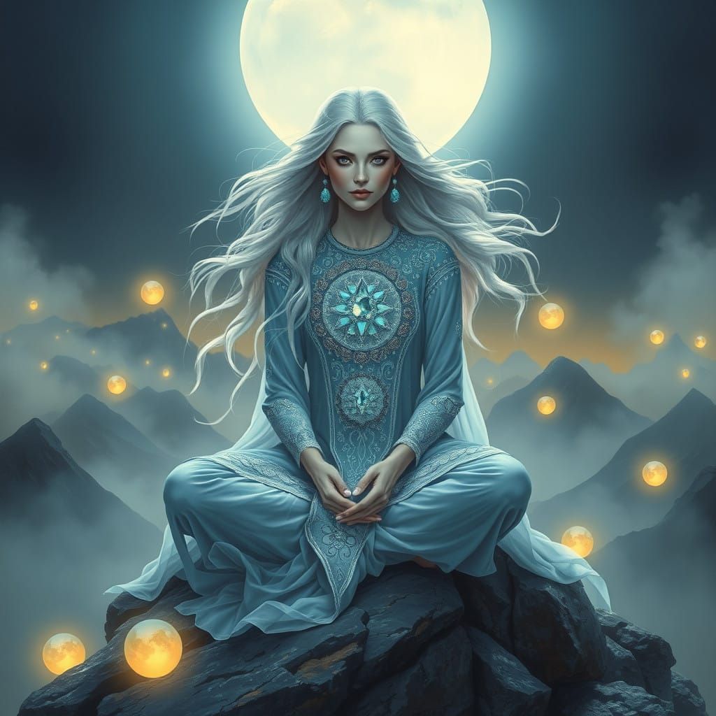 Mystical Woman on Moonlit Mountain Peak